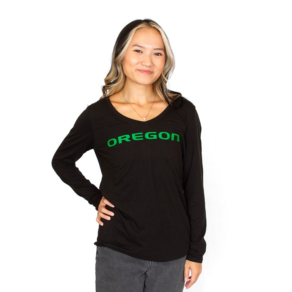 Oregon, McKenzie SewOn, Black, V-Neck, Tri-blend, Women, Perfect, Long Sleeve, T-Shirt, 1005328